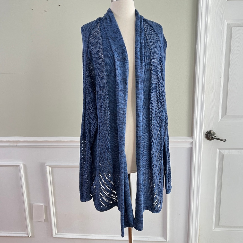 Roxy Cardigan Sweater Women Large Open Front Pointelle Knit Blue Boho Coastal